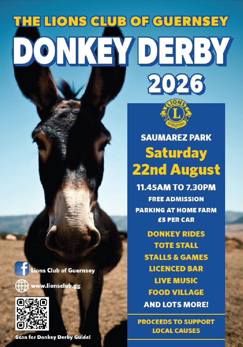 Lions Club of Guernsey Donkey Derby 2026 flyer — Saumarez Park, Saturday 22nd August, 11.45am to 7.30pm, free admission